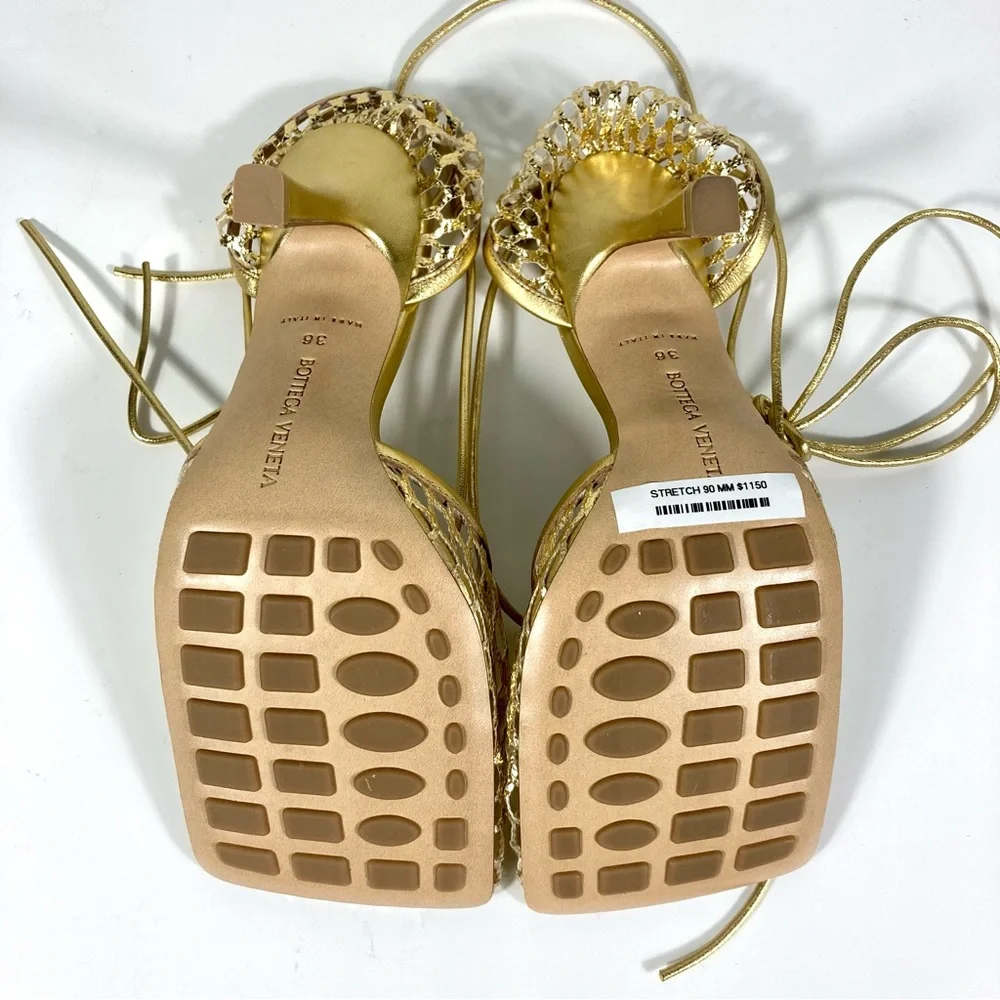 Bottega Veneta Stretch Ankle Wrap Square Toe Sandal Gold 36EU 6 651388V1BT1 NEW